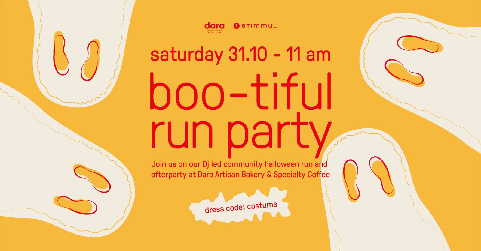 Dara × Stimmul Halloween run party poster. DJ-led community run and afterparty at Dara, costume dress code.