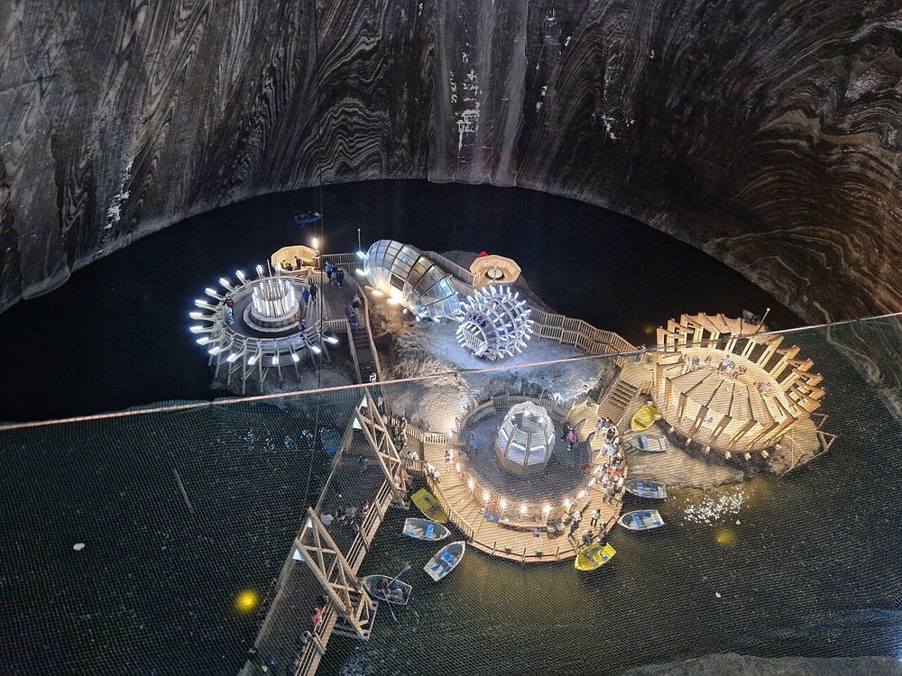 The underground lake and island at Salina Turda